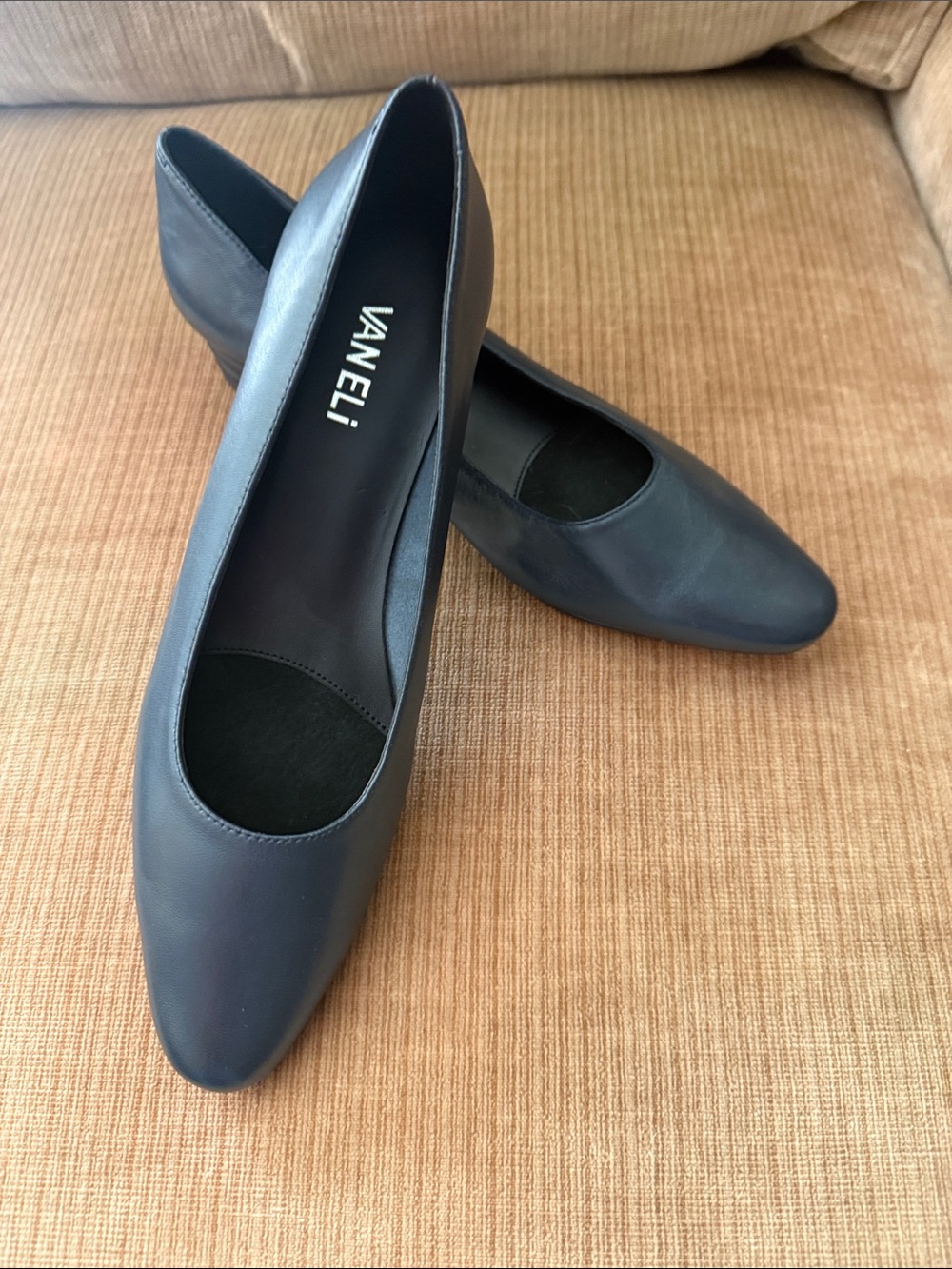 Vaneli Navy Leather Rounded-Toe Low Heel Flats
